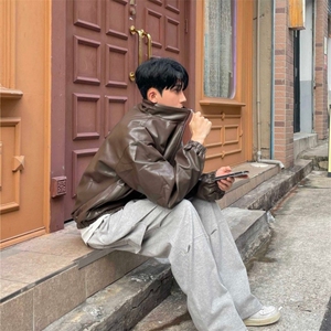 816B-PY014-P105 男士宽松工装皮夹克情侣休闲痞帅皮衣外套图片