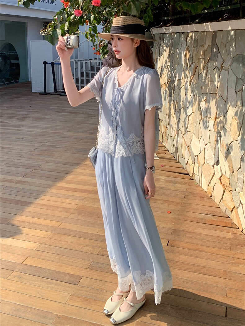 法式气质蕾丝拼接套装女2026夏季新款高级感时髦洋气阔腿裤两件套,女装套装/套裙,衣秀之家
