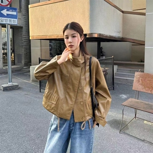宽松显瘦时尚皮衣女短款2025春新款立领机车服韩系小个子上衣图片