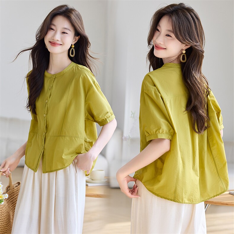 现货2025夏季新款宽松显瘦遮肚子单排扣圆领上衣透气衬衣，女装衬衫，木子恋