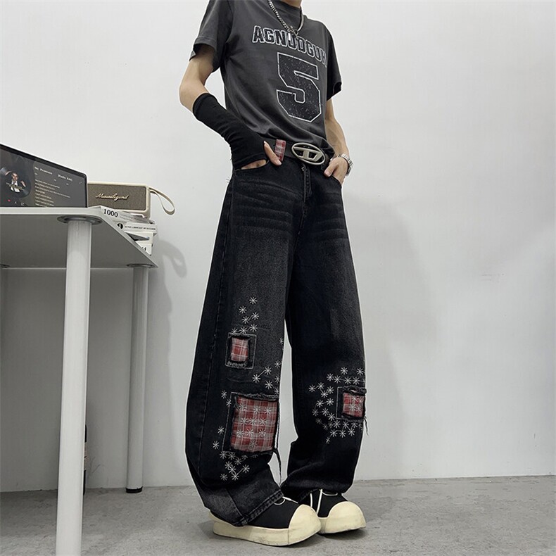 夏季复古破洞格子拼接牛仔裤潮流宽松设计感百搭直筒裤,男装牛仔裤,星座410-6（原星座1304-1）