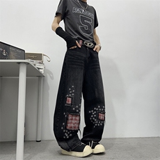 夏季复古破洞格子拼接牛仔裤潮流宽松设计感百搭直筒裤，男装牛仔裤，星座410-6（原星座1304-1）