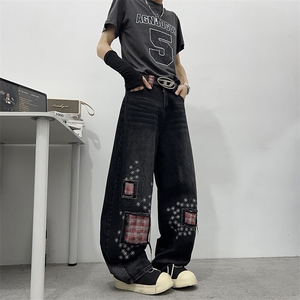 夏季复古破洞格子拼接牛仔裤潮流宽松设计感百搭直筒裤图片