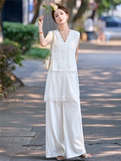 时尚气质套装女2025夏季新款设计感网纱拼接V领马甲阔腿裤两件套，女装套装/套裙，尚娜萱