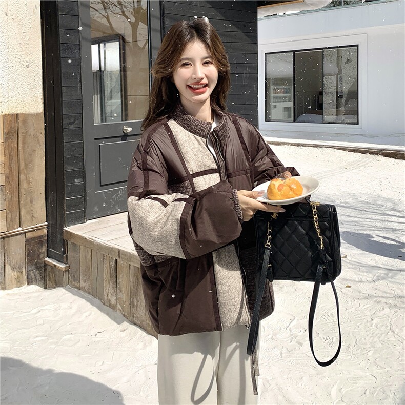 现货拼色羽绒服女冬短款小个子2025年新款今年流行设计感小众拼接，女装羽绒服，琦鑫阁（原依鑫阁）