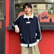 抖音得物品质秋冬美式高街重磅结构拼接织带翻领卫衣夹克外套W113，男装夹克，电商A486-1