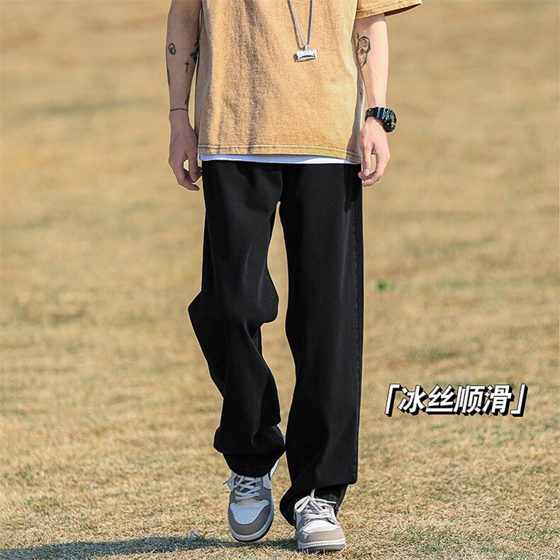 wassup happy黑色牛仔裤男春秋季美式复古直筒裤夏款休闲运动裤子图片