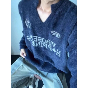 美式复古V领运动风球服毛衣马海毛针织衫学院风外套 MY701 特P63图片
