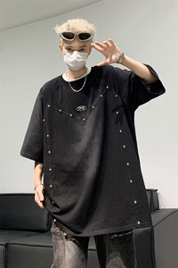 水洗做旧短袖t恤男 夏季美式复古铆钉解构上衣XZ514-2-202438-P68图片