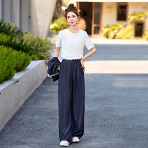 时尚蕾丝拼接牛仔马甲套装女2025年夏季新款洋气减龄阔腿裤三件套图片