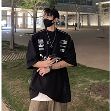 美式重磅短袖t恤男生夏季潮牌印花字母赛车服宽松圆领中袖上衣服，男装T恤，星座506A