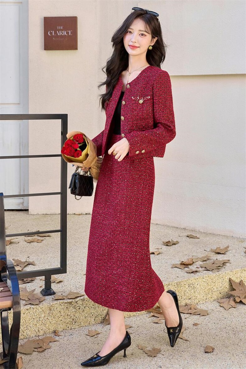 红色毛呢小香风套装裙女2025春秋新款高级感气质超火半身裙两件套,女装套装/套裙,雅静靓衣