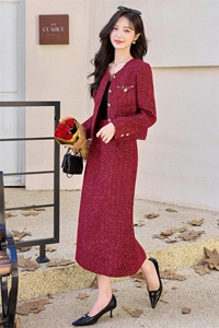 红色毛呢小香风套装裙女2025春秋新款高级感气质超火半身裙两件套图片