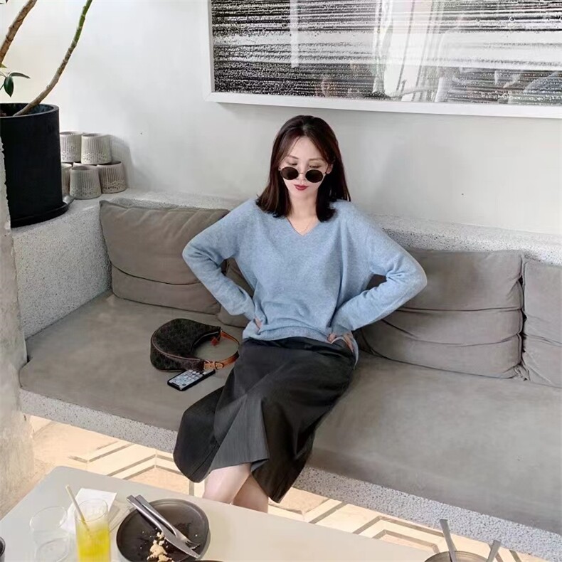 春款女士时尚简约百搭V领针织套头长袖图片