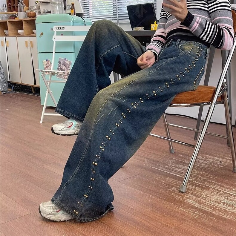 帅气侧边钉珠设计做旧休闲牛仔裤女秋新款高腰宽松显瘦百搭阔腿裤,男装牛仔裤,星座1210-1