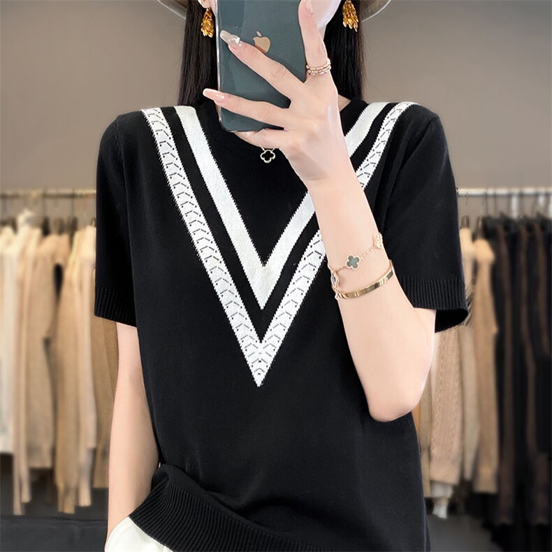 时尚V领拼色短袖冰丝针织衫显瘦百搭夏季新款女装上衣,针织衫/毛衣,萱芳婷羊绒
