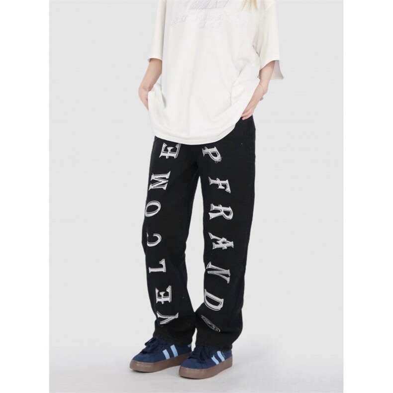 7531特P38街头刺绣直筒牛仔裤潮高腰复古嘻哈阔腿长裤，女装休闲裤，电商A306A