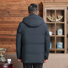 中老年羽绒服男士中长款加厚防寒中年休闲白鸭绒连帽可脱卸外套，男装羽绒服，钱塘6003（原4033）