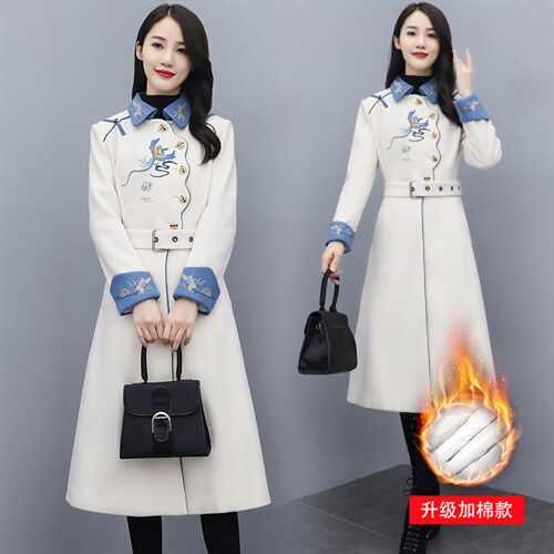毛呢外套女中长款2024春秋新款时尚复古风刺绣收腰显瘦呢子大衣潮图片