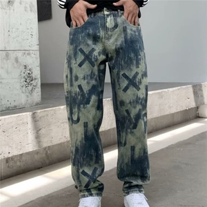 美式高街涂鸦水洗牛仔裤男潮牌印花小众设计感春秋新款宽松直筒裤图片