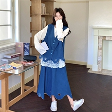 现货新款针织+牛仔马甲+半身裙三件套2C056-7203-P195控318，女装套装/套裙，2C056