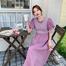粉紫色条纹拼接连衣裙女夏新款泡泡袖小个子假两件法式气质a字裙，女装连衣裙，2C212
