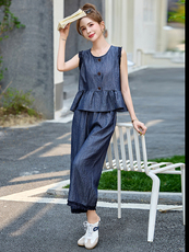 休闲牛仔背心马甲阔腿裤两件套女2025夏新款小个子超好看减龄套装，女装套装/套裙，依如秀(原杭风阁)