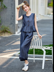 休闲牛仔背心马甲阔腿裤两件套女2025夏新款小个子超好看减龄套装图片