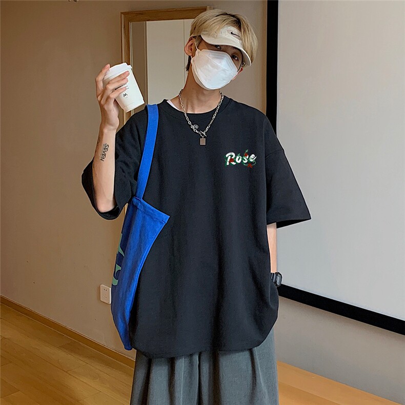 港风纯棉夏季休闲宽松纯色玫瑰花短袖T恤男女潮T6047P25控38,男装T恤,电商A268A