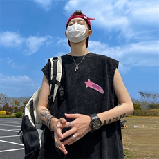 抖音品质240克重磅欧美式潮牌男女水洗背心无袖t恤BX227-P35，男装T恤，电商A486
