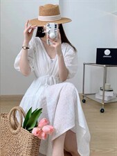 夏季新款初恋气质V领洋气抽绳设计连衣裙，女装连衣裙，L·H·X