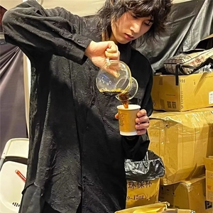 潮新中式盘扣提花立领衬衫男装风唐装长袖衬衣潮流宽松外套图片