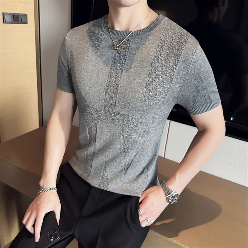 2024夏季新款修身圆领纯色提花针织衫毛衣打底衫男净版M05-p45,男装针织衫/毛衣,电商D303