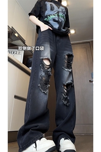 美式破洞直筒牛仔裤潮流宽松休闲hiphop高街百搭裤子K547TP45控68图片