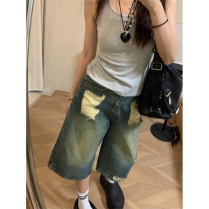 复古做旧破洞牛仔七分裤男女高街裤子高腰宽松直筒裤休闲阔腿裤图片