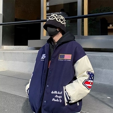 冬季2023棉服男美式拼接假两件棉衣高级感宽松面包服外套，男装棉衣，星座716-4
