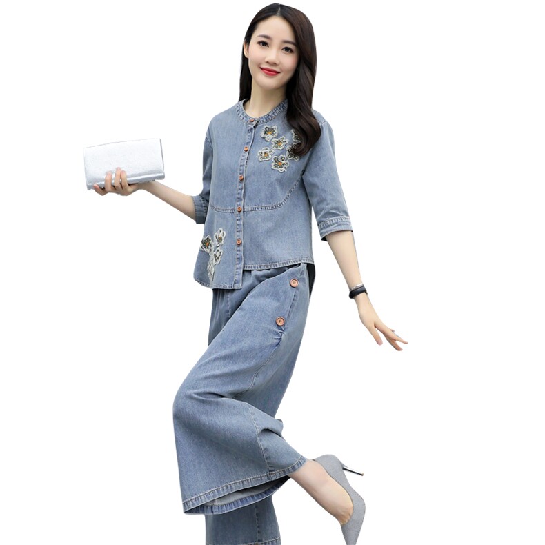 2021年秋季时尚套装两件套阔腿裤民族风松紧刺绣不规则,女装套装/套裙,秋水欣儿