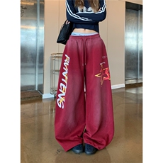 XHDDYAY美式复古字母印花低腰阔腿裤女街头风宽松休闲抽绳长裤潮，男装休闲裤，星座506A
