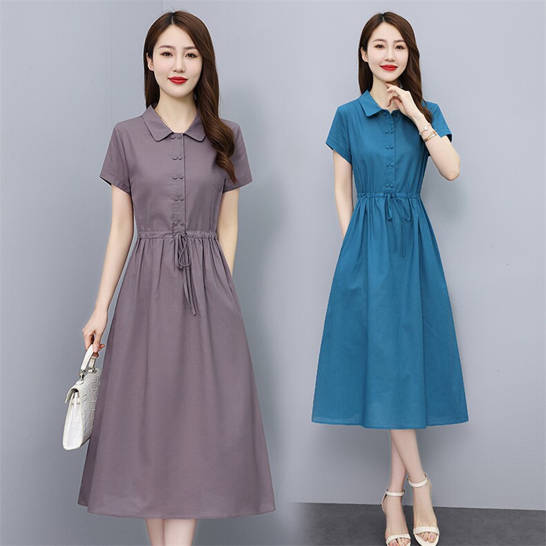 纯色棉麻连衣裙女夏季2025新款收腰显瘦中长款减龄洋气衬衫长裙子,女装连衣裙,鑫思依格