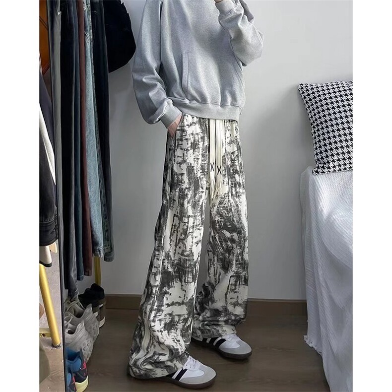 美式vibe扎染裤子男秋冬季加绒保暖宽松阔腿裤潮牌休闲垂感直筒裤，男装休闲裤，星座506