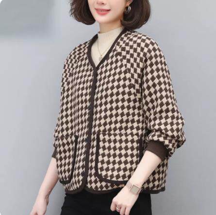 素格子外套订春季女装小个子减龄蚕定妈妈开衫上衣,针织衫/毛衣,奕阳依阁