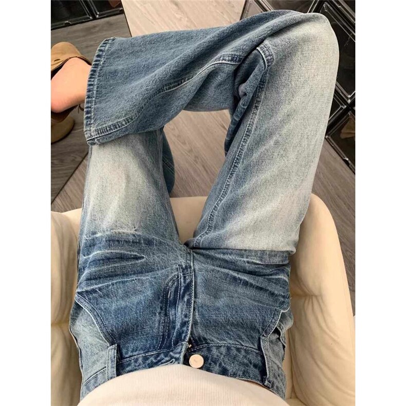 裂纹设计水洗蓝色牛仔裤美式潮流休闲百搭宽松直筒长裤图片