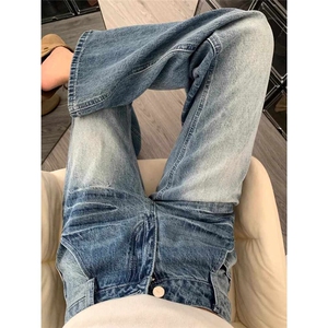 裂纹设计水洗蓝色牛仔裤美式潮流休闲百搭宽松直筒长裤图片