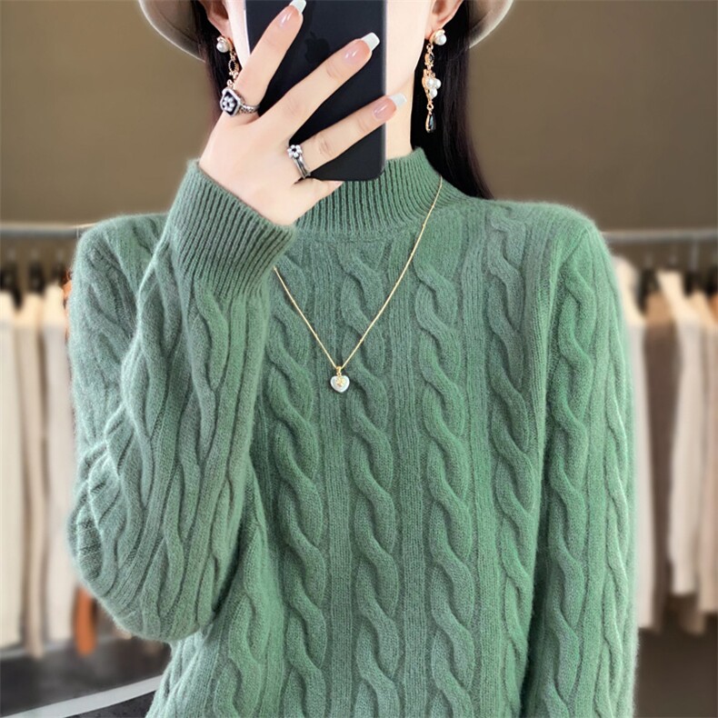 女士羊毛衫加大麻花半高领加厚羊毛,女装羊毛衫,鑫源羊绒