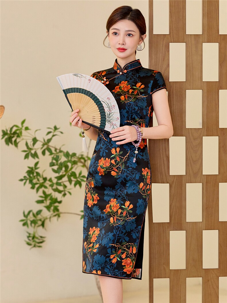 杭州品质真丝中长裙复古印花连衣裙女春夏日常修身潮流真丝旗袍,女装汉服/婚纱/旗袍/礼服,小荷流
