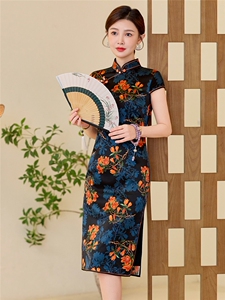 杭州品质真丝中长裙复古印花连衣裙女春夏日常修身潮流真丝旗袍图片