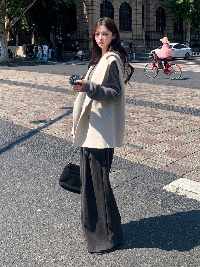 现货主推新款双面羊毛连帽休闲百搭宽松减龄背心马甲,女装毛呢外套,丝露怡语