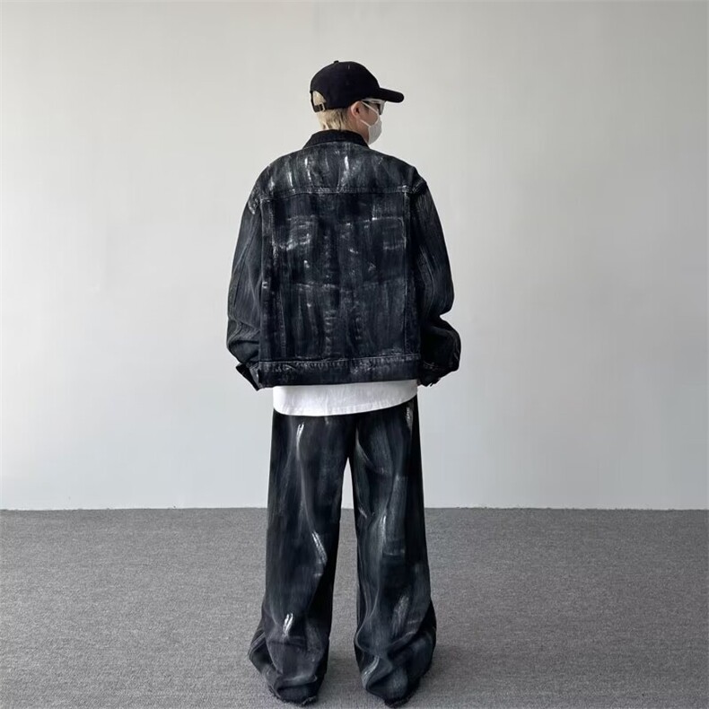 高街美式痞帅泼墨夹克男款套装街头潮牌嘻哈宽松休闲工装牛仔套装，男装夹克，星座1013