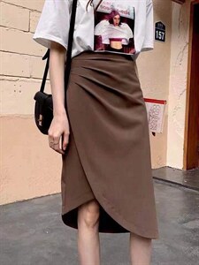 欧洲站2021秋季新款高腰气质不规则抽褶开百搭包臀半身裙,女装半身裙,L·H·X