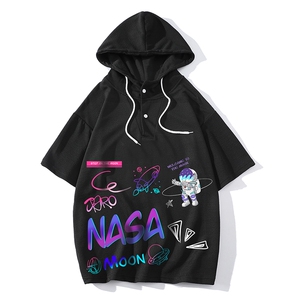 NASA联名同款连帽短袖t恤男大码胖子带帽五分袖中袖 LD54186-P45图片
